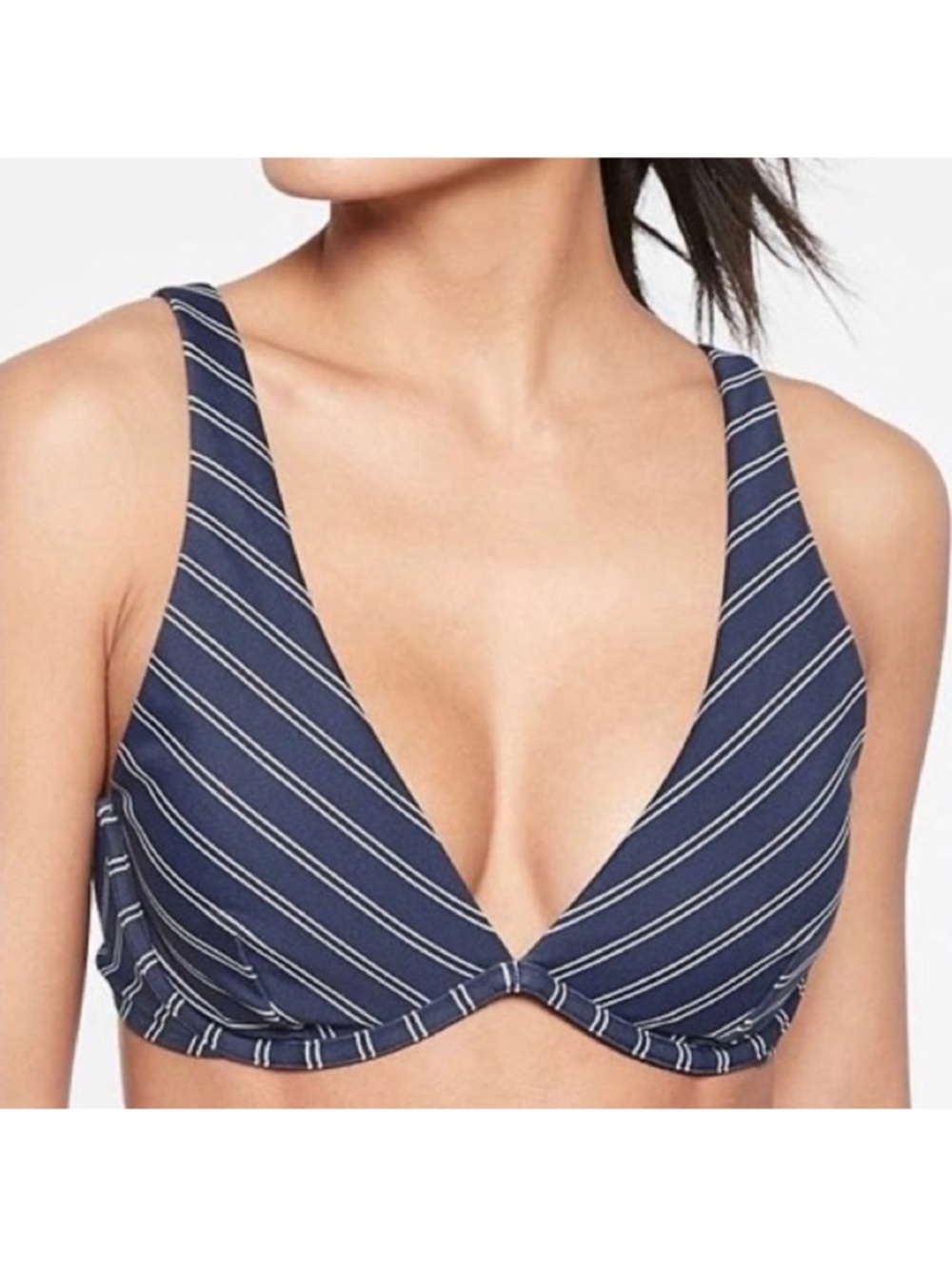 Athleta Piha Plunge Bikini Top 34D/DD NWT Navy White French Stripe Underwire